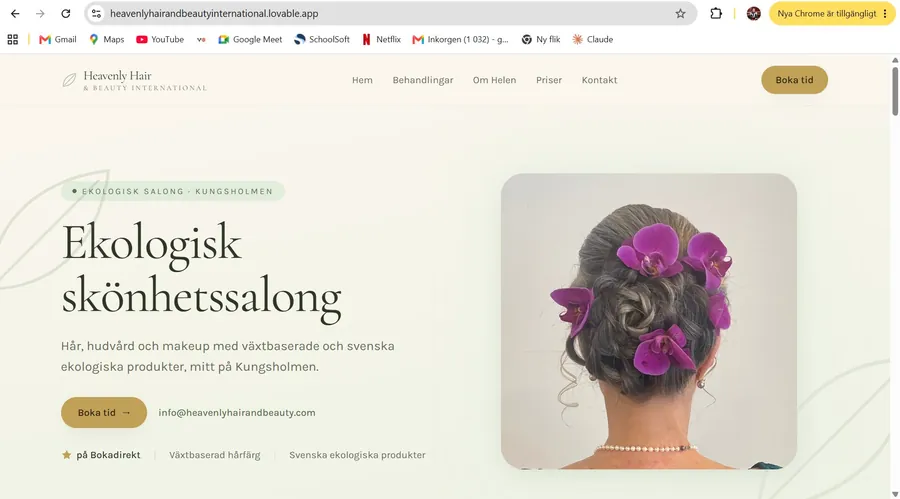 Startsidan på den levererade hemsidan för Heavenly Hair & Beauty International