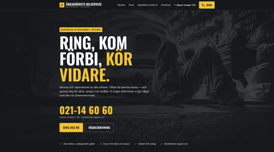 Exempelsida för en bilverkstad — ring och drop-in