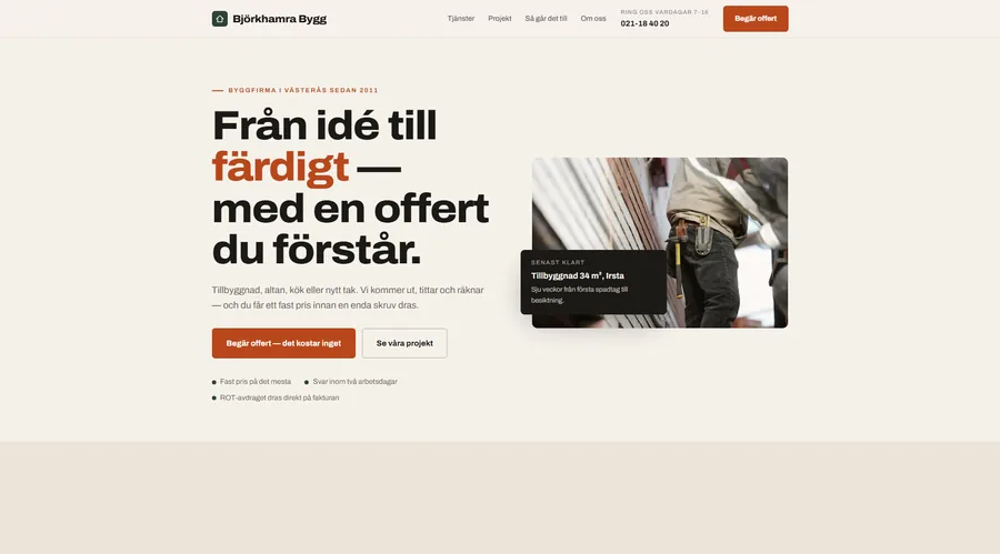 Exempelsida för ett byggföretag — offertdriven